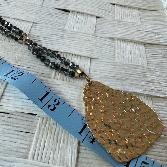 Beautiful Gold Tone Hammered Shimmer Pendant with Beaded Long Necklace - Picture 7 of 11